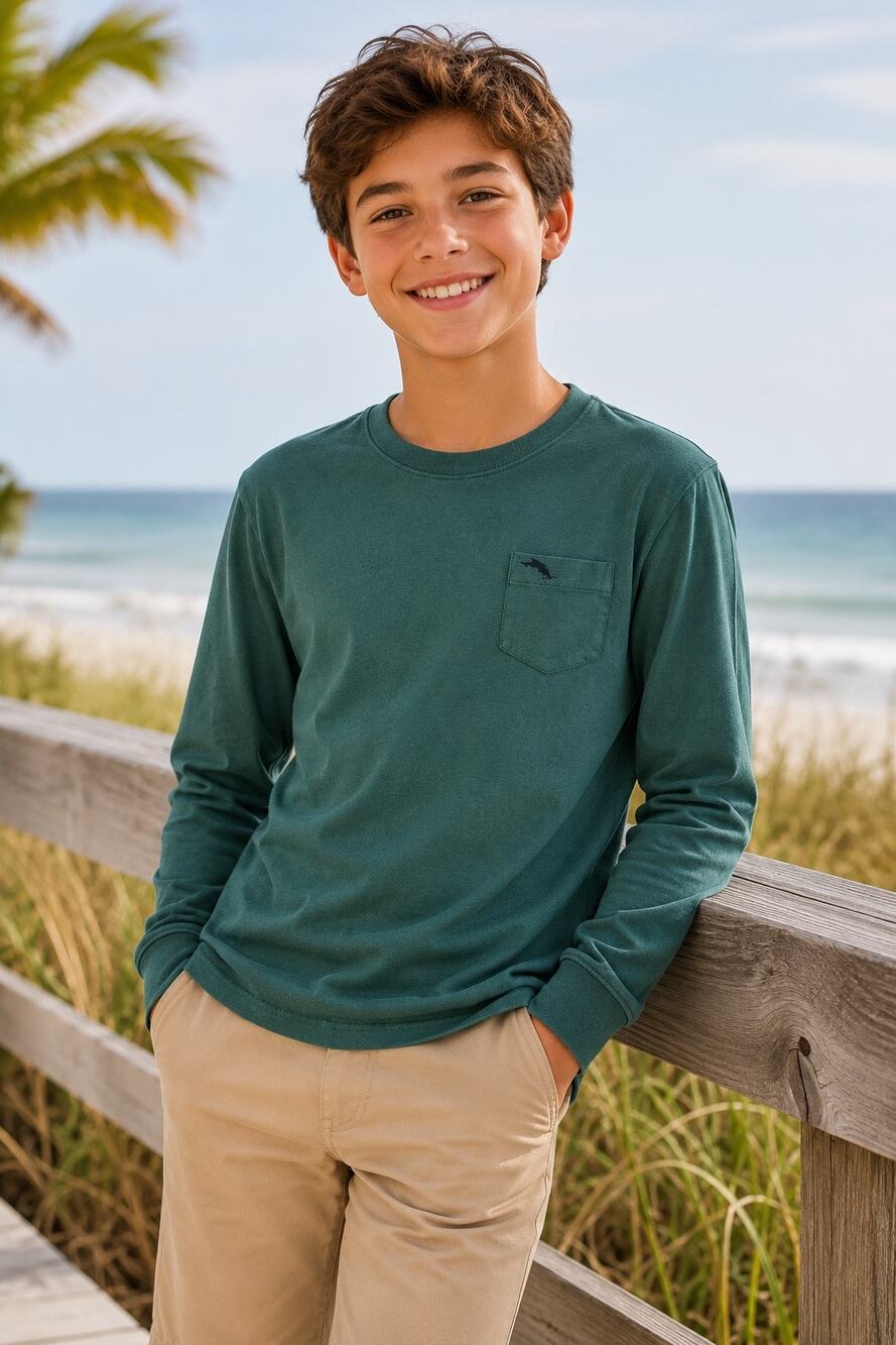 Tommy Bahama T Shirt Boys Large Green Long Sleeve Pocket Tee  Cotton